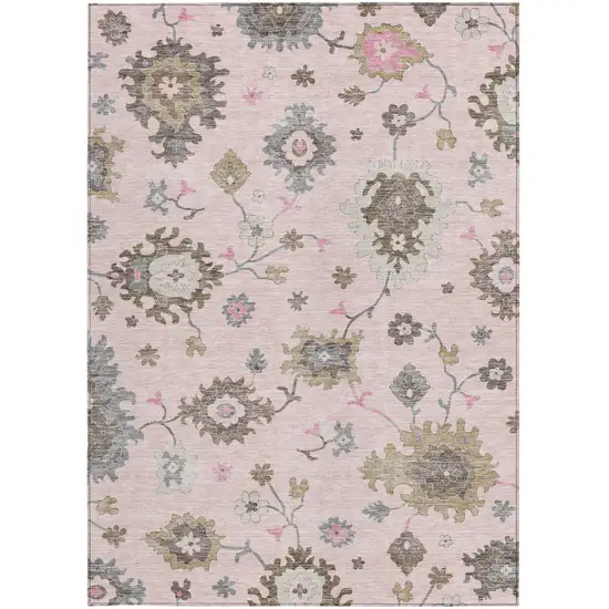 Pink Ivory And Chocolate Floral Washable Indoor Outdoor Area Rug Photo 5