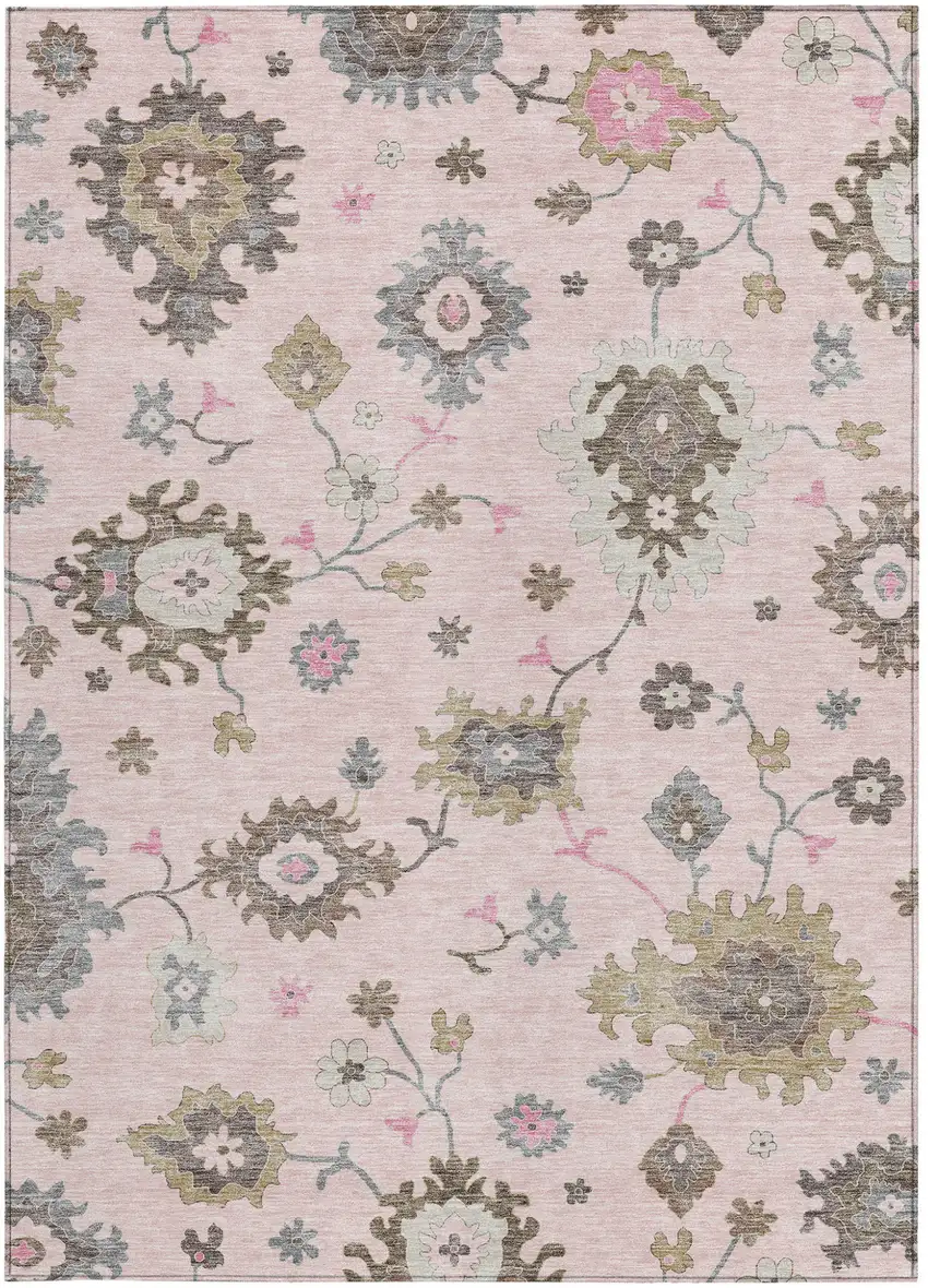 Pink Ivory And Chocolate Floral Washable Indoor Outdoor Area Rug Photo 5