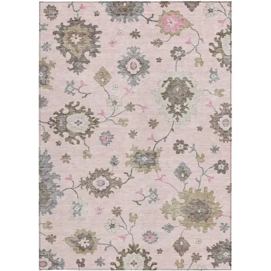 Pink Ivory And Chocolate Floral Washable Indoor Outdoor Area Rug Photo 5
