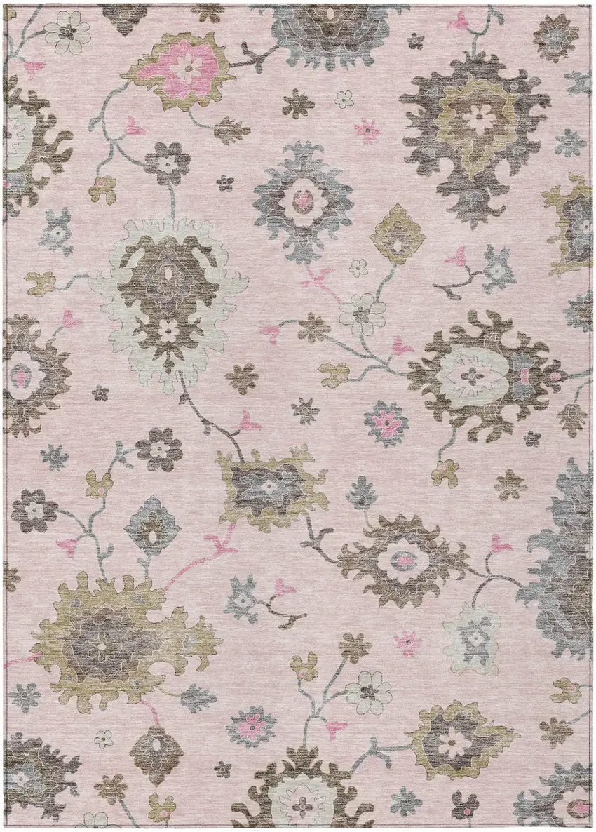 Pink Ivory And Chocolate Floral Washable Indoor Outdoor Area Rug Photo 1