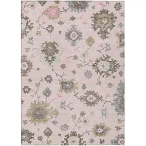 Photo of Pink Ivory And Chocolate Floral Washable Indoor Outdoor Area Rug