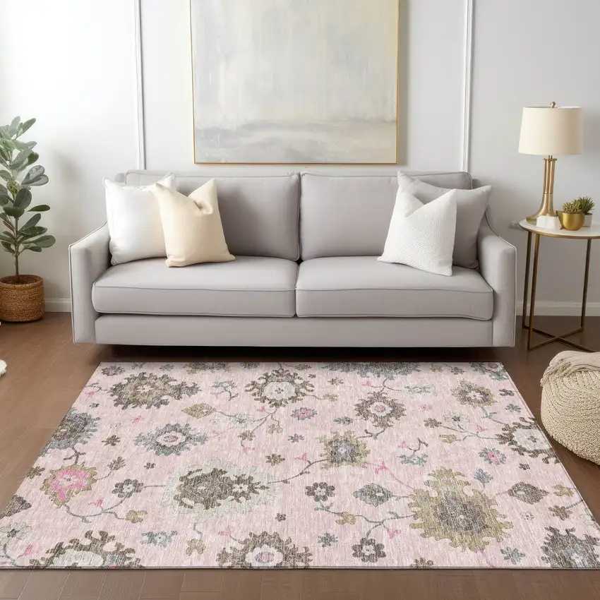 Pink Ivory And Chocolate Floral Washable Indoor Outdoor Area Rug Photo 8