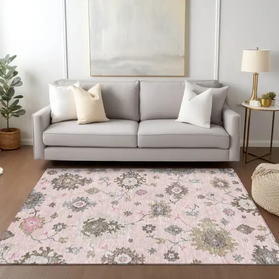 Pink Ivory And Chocolate Floral Washable Indoor Outdoor Area Rug Photo 8
