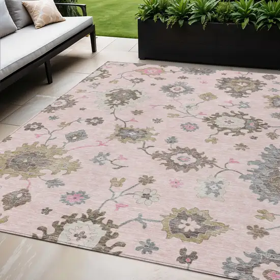 Pink Ivory And Chocolate Floral Washable Indoor Outdoor Area Rug Photo 1