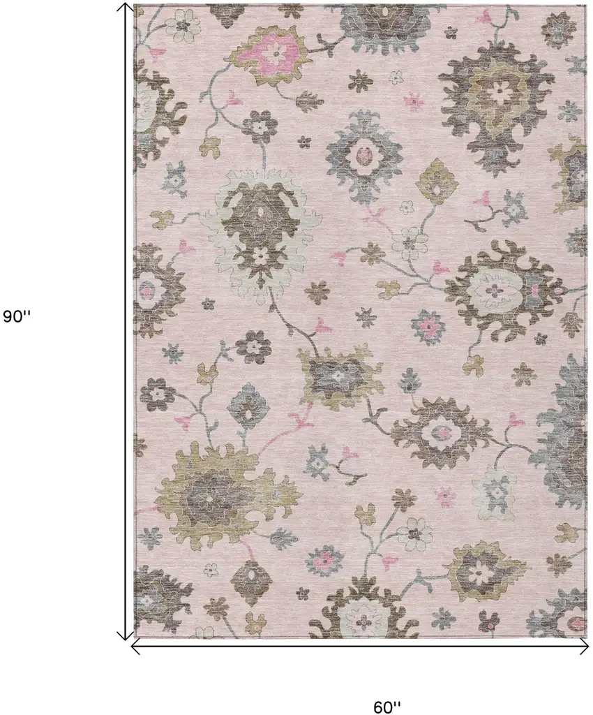 Pink Ivory And Chocolate Floral Washable Indoor Outdoor Area Rug Photo 7