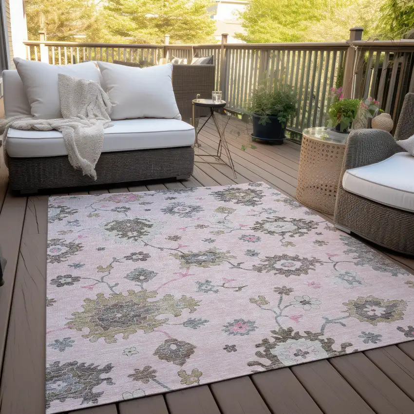 Pink Ivory And Chocolate Floral Washable Indoor Outdoor Area Rug Photo 9