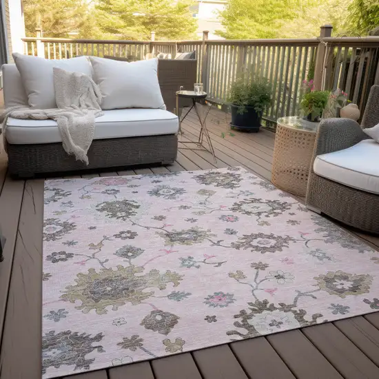 Pink Ivory And Chocolate Floral Washable Indoor Outdoor Area Rug Photo 9