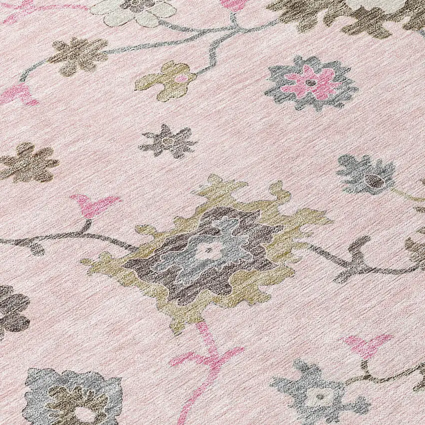 Pink Ivory And Chocolate Floral Washable Indoor Outdoor Area Rug Photo 4