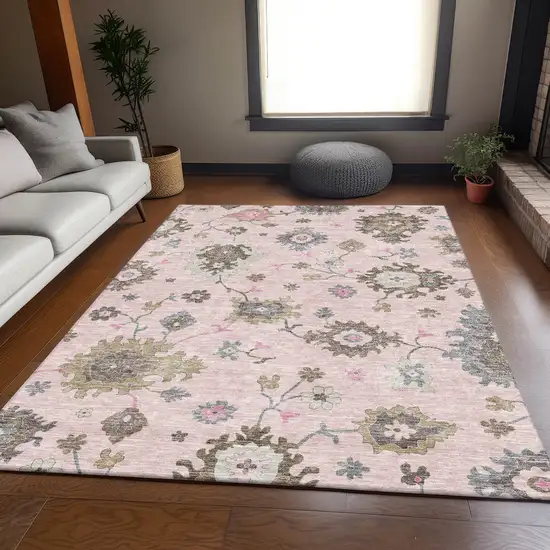 Pink Ivory And Chocolate Floral Washable Indoor Outdoor Area Rug Photo 9