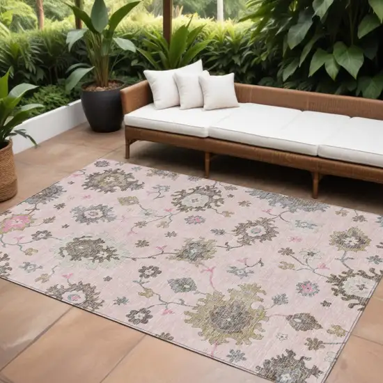 Pink Ivory And Chocolate Floral Washable Indoor Outdoor Area Rug Photo 1