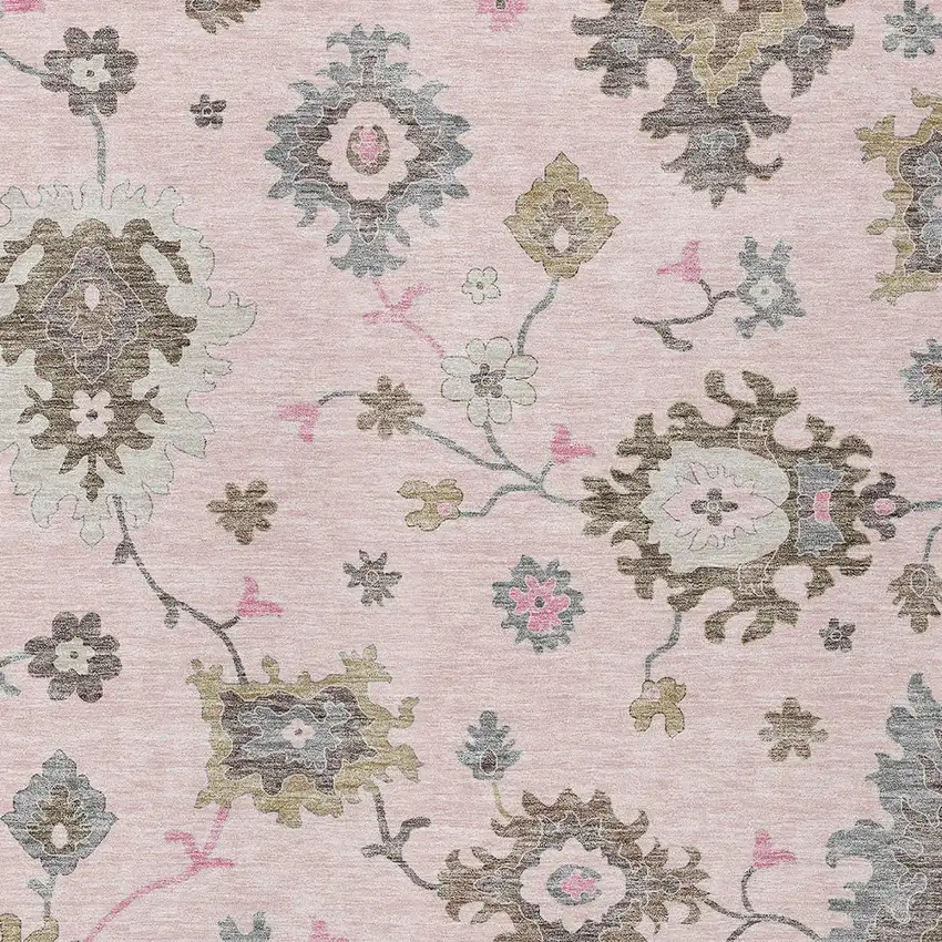Pink Ivory And Chocolate Floral Washable Indoor Outdoor Area Rug Photo 5