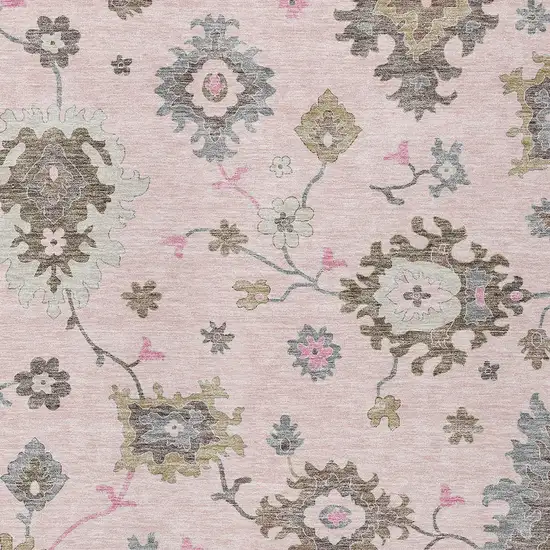 Pink Ivory And Chocolate Floral Washable Indoor Outdoor Area Rug Photo 5