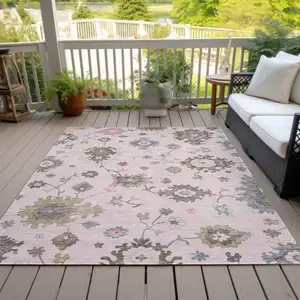 Photo of Pink Ivory And Chocolate Floral Washable Indoor Outdoor Area Rug