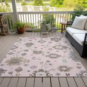 Photo of Pink Ivory And Chocolate Floral Washable Indoor Outdoor Area Rug