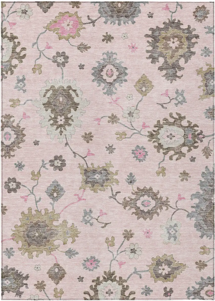 Pink Ivory And Chocolate Floral Washable Indoor Outdoor Area Rug Photo 1