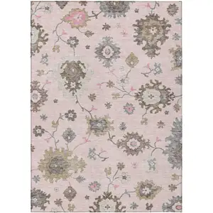 Photo of Pink Ivory And Chocolate Floral Washable Indoor Outdoor Area Rug