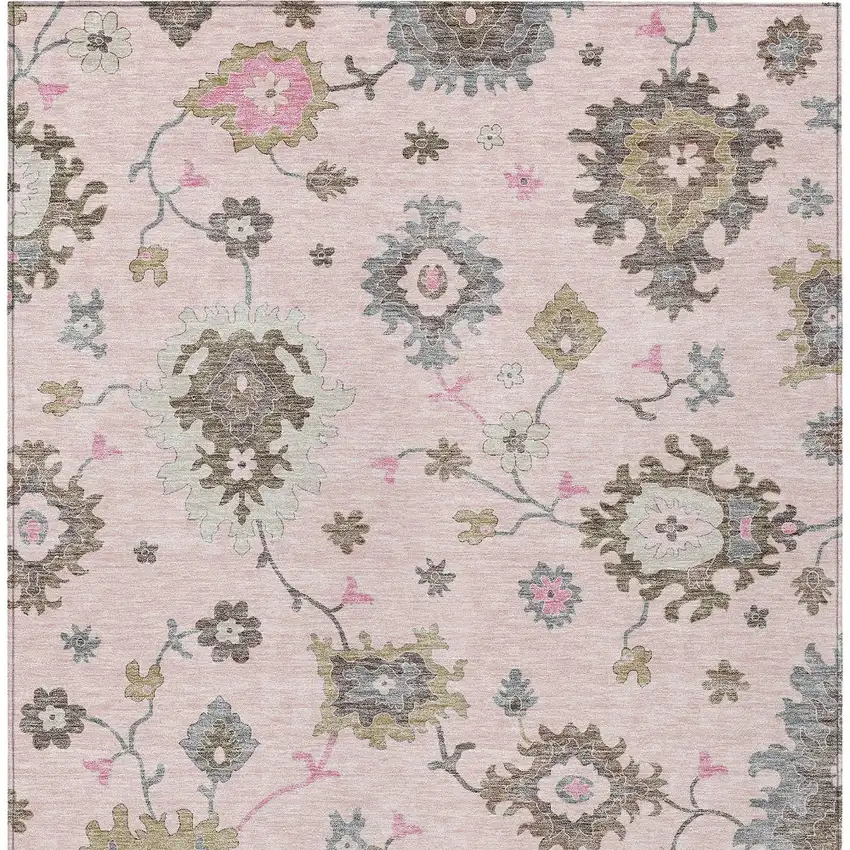 Pink Ivory And Chocolate Floral Washable Indoor Outdoor Area Rug Photo 5