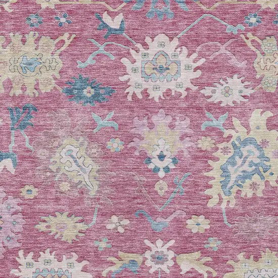Pink Ivory And Denim Blue Floral Washable Indoor Outdoor Area Rug Photo 6