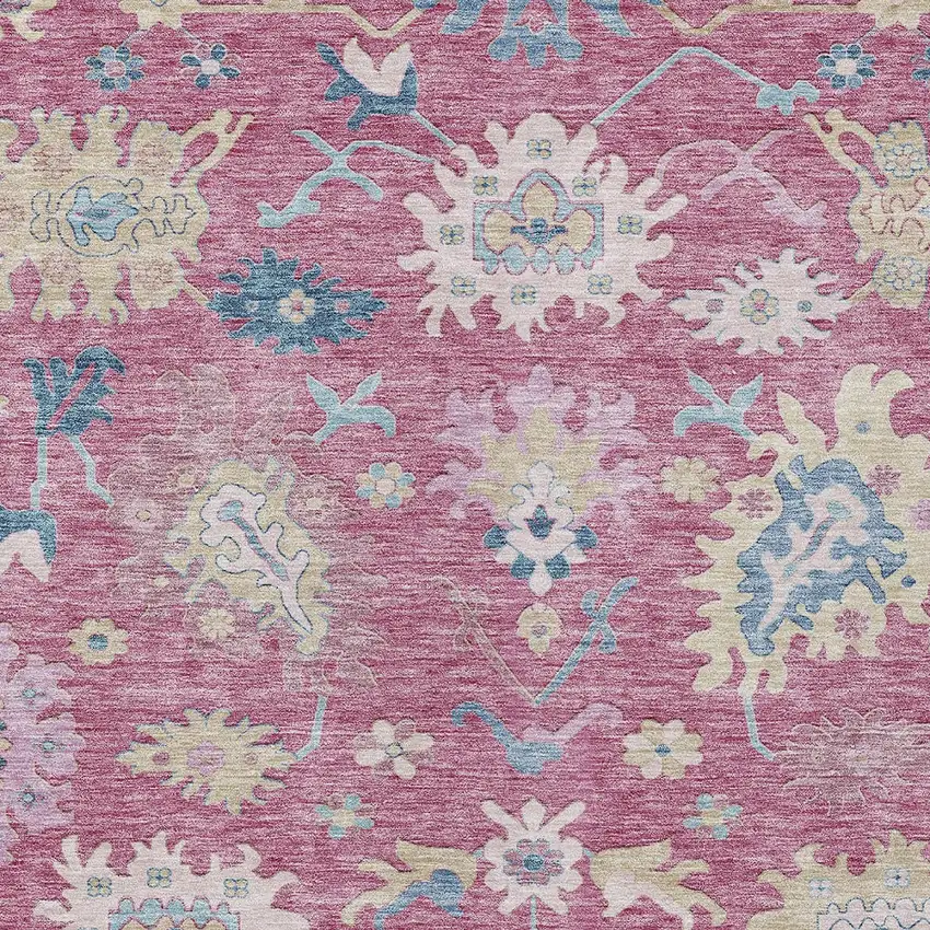 Pink Ivory And Denim Blue Floral Washable Indoor Outdoor Area Rug Photo 6