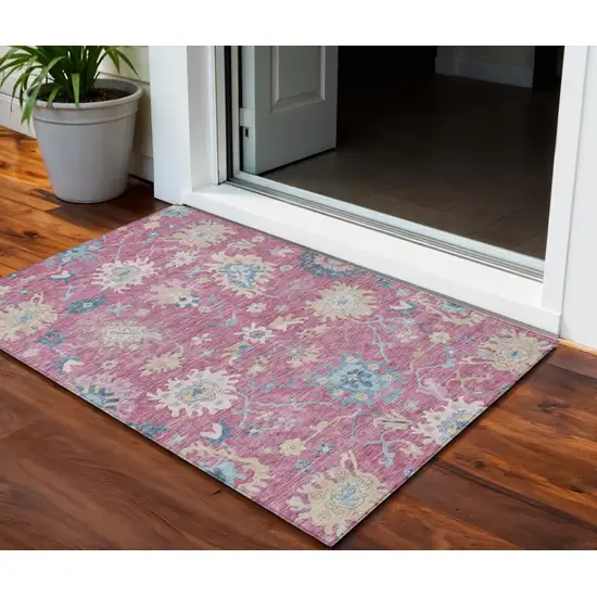 Pink Ivory And Denim Blue Floral Washable Indoor Outdoor Area Rug Photo 1