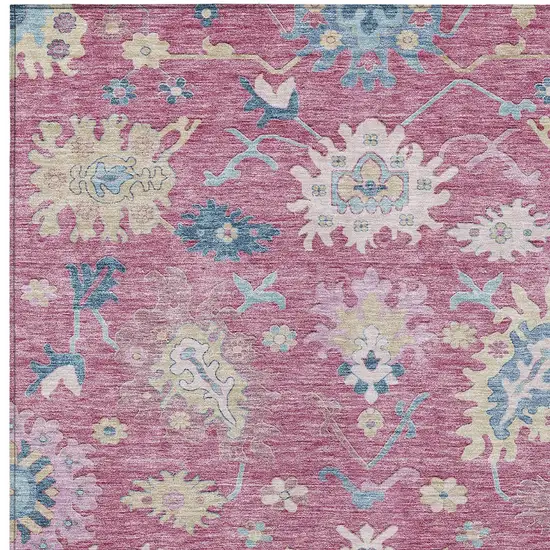 Pink Ivory And Denim Blue Floral Washable Indoor Outdoor Area Rug Photo 6