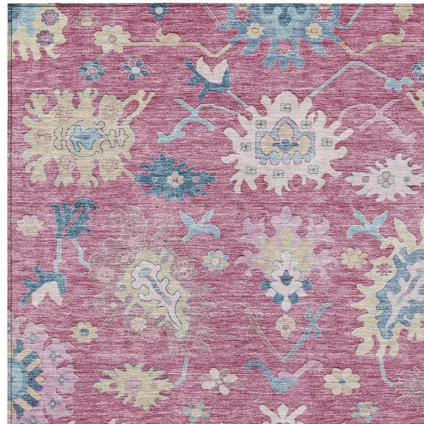 Pink Ivory And Denim Blue Floral Washable Indoor Outdoor Area Rug Photo 6