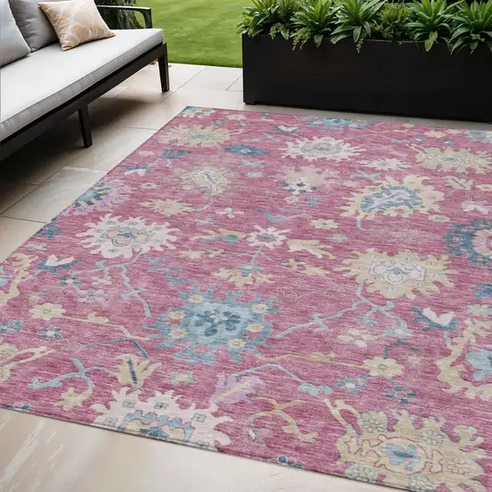 Pink Ivory And Denim Blue Floral Washable Indoor Outdoor Area Rug Photo 1