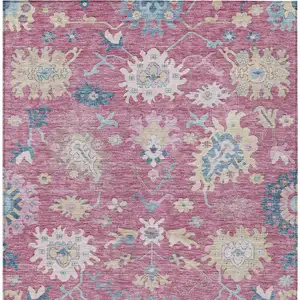 Photo of Pink Ivory And Denim Blue Floral Washable Indoor Outdoor Area Rug