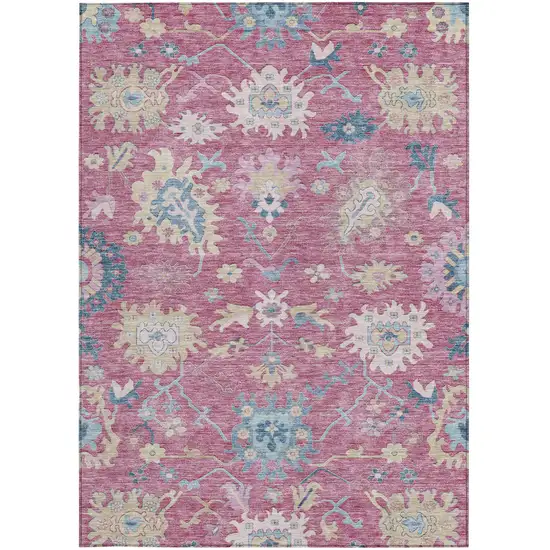 Pink Ivory And Denim Blue Floral Washable Indoor Outdoor Area Rug Photo 7