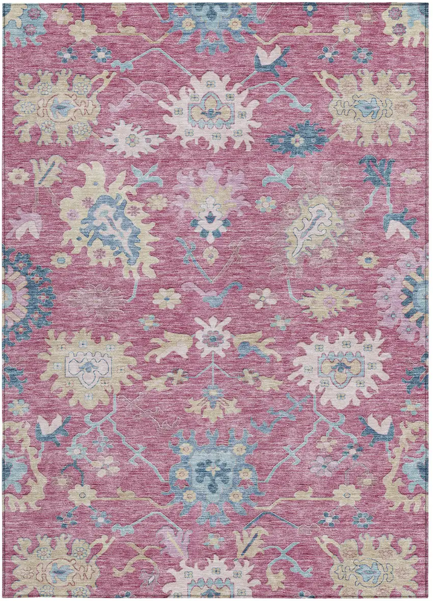 Pink Ivory And Denim Blue Floral Washable Indoor Outdoor Area Rug Photo 7