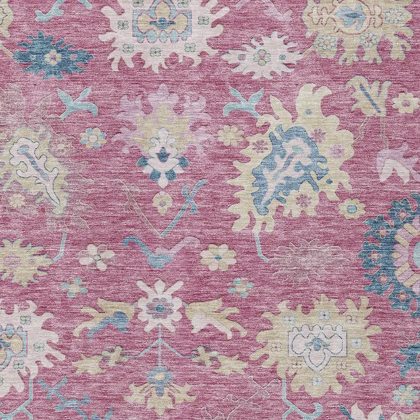 Pink Ivory And Denim Blue Floral Washable Indoor Outdoor Area Rug Photo 6