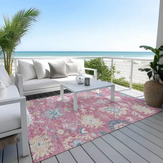 Pink Ivory And Denim Blue Floral Washable Indoor Outdoor Area Rug Photo 8