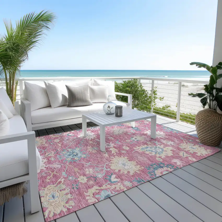Pink Ivory And Denim Blue Floral Washable Indoor Outdoor Area Rug Photo 8