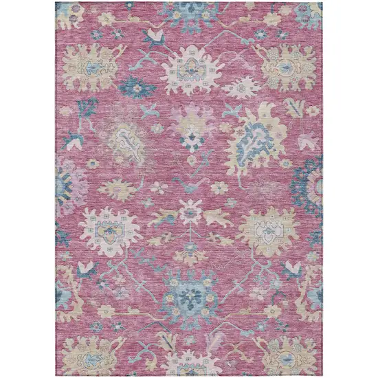 Pink Ivory And Denim Blue Floral Washable Indoor Outdoor Area Rug Photo 2