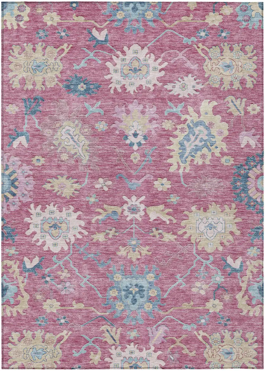 Pink Ivory And Denim Blue Floral Washable Indoor Outdoor Area Rug Photo 2