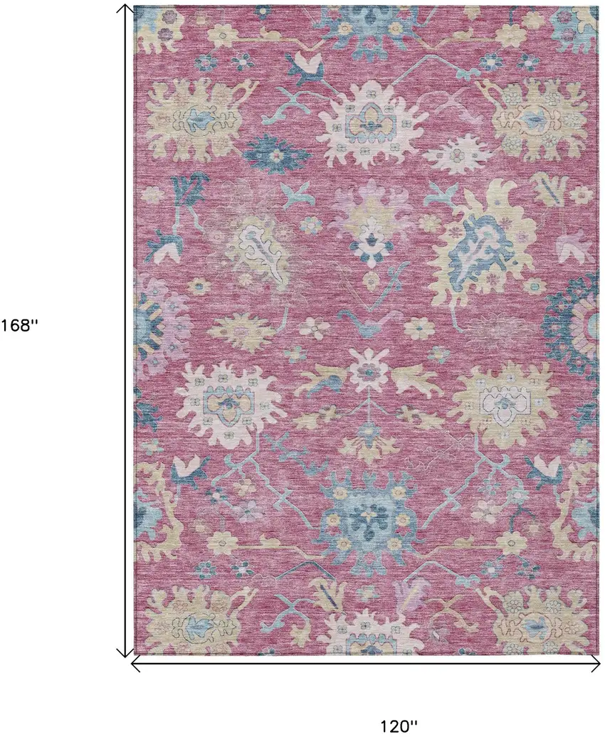 Pink Ivory And Denim Blue Floral Washable Indoor Outdoor Area Rug Photo 7