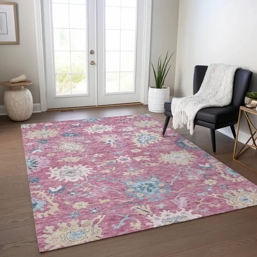 Pink Ivory And Denim Blue Floral Washable Indoor Outdoor Area Rug Photo 8