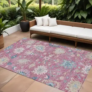 Photo of Pink Ivory And Denim Blue Floral Washable Indoor Outdoor Area Rug