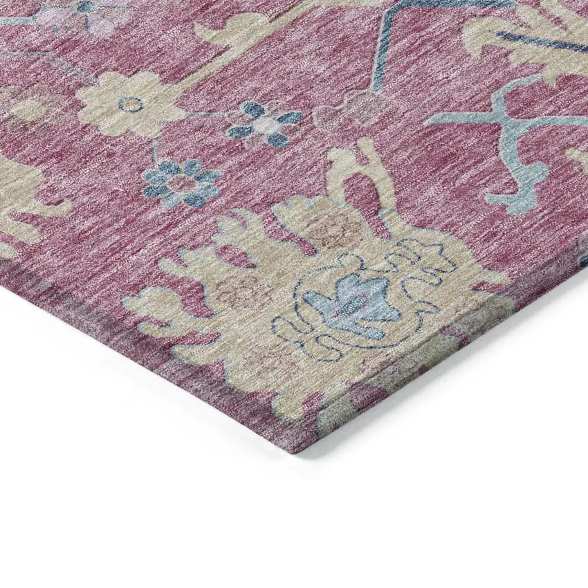 Pink Ivory And Denim Blue Floral Washable Indoor Outdoor Area Rug Photo 4