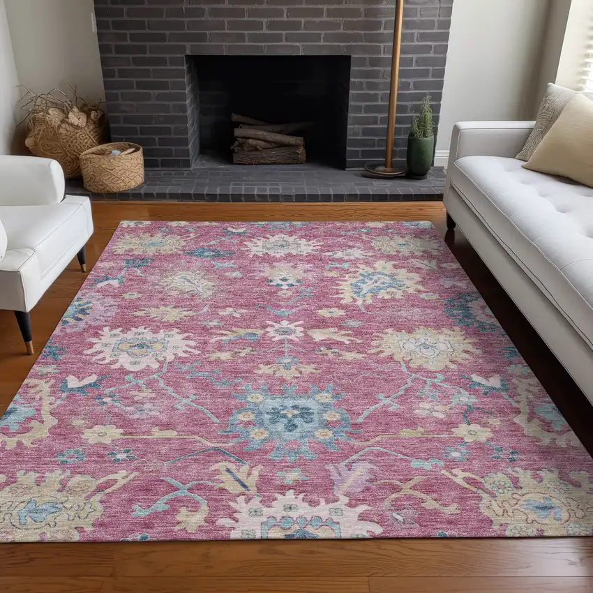 Pink Ivory And Denim Blue Floral Washable Indoor Outdoor Area Rug Photo 9