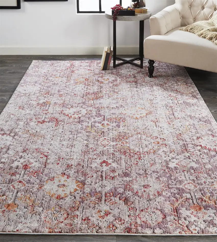 Pink Ivory And Gray Abstract Stain Resistant Area Rug Photo 7