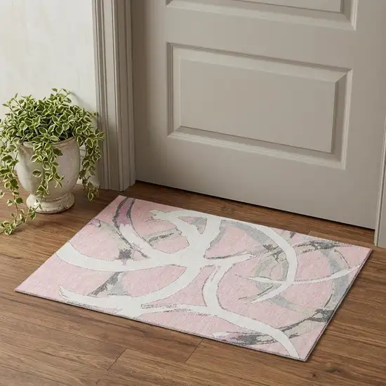 Pink Ivory And Gray Abstract Washable Area Rug With UV Protection Photo 1