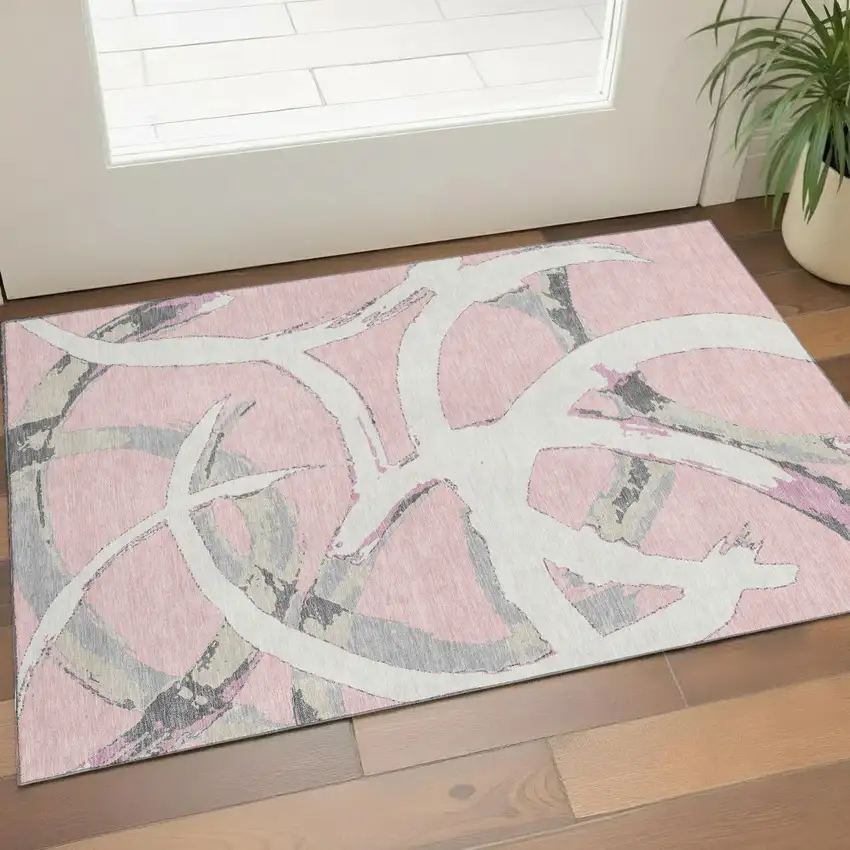 Pink Ivory And Gray Abstract Washable Area Rug With UV Protection Photo 1