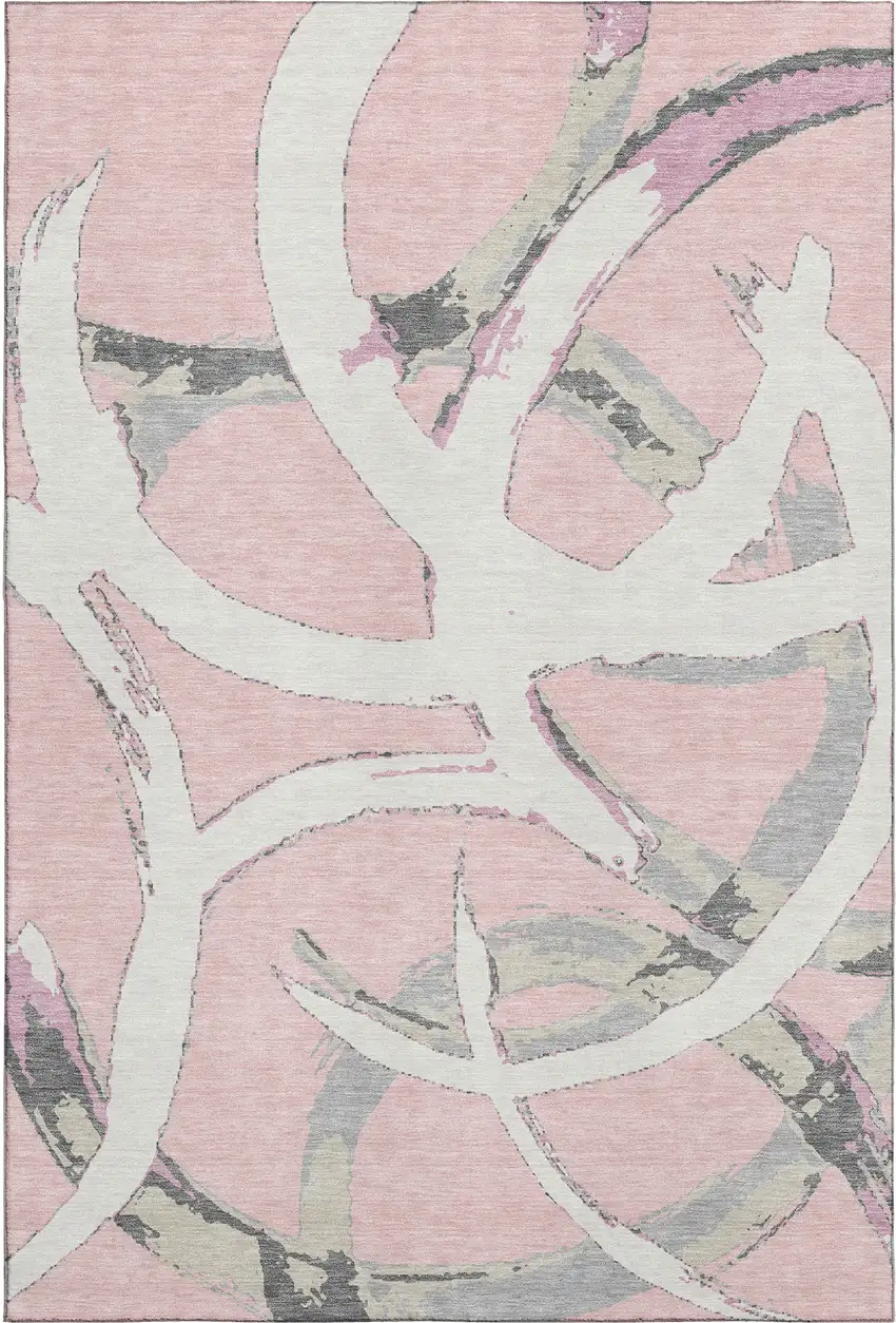 Pink Ivory And Gray Abstract Washable Area Rug With UV Protection Photo 5