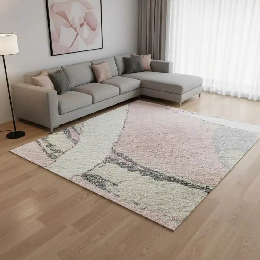 Pink Ivory And Gray Abstract Washable Area Rug With UV Protection Photo 2