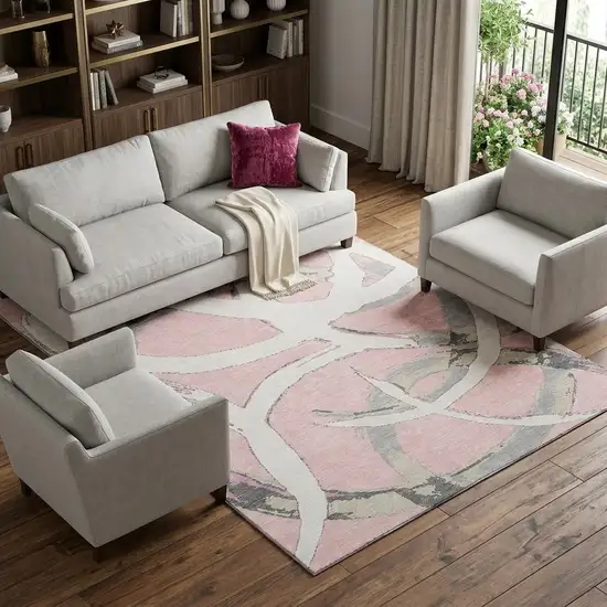 Pink Ivory And Gray Abstract Washable Area Rug With UV Protection Photo 1