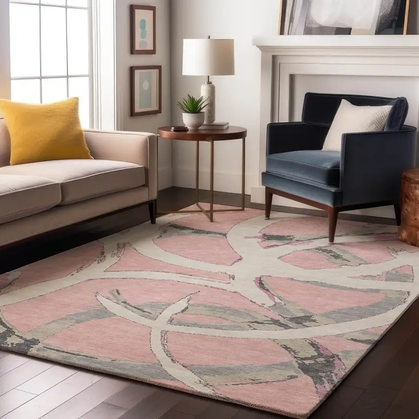 Pink Ivory And Gray Abstract Washable Area Rug With UV Protection Photo 3