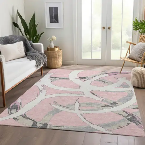 Pink Ivory And Gray Abstract Washable Area Rug With UV Protection Photo 4