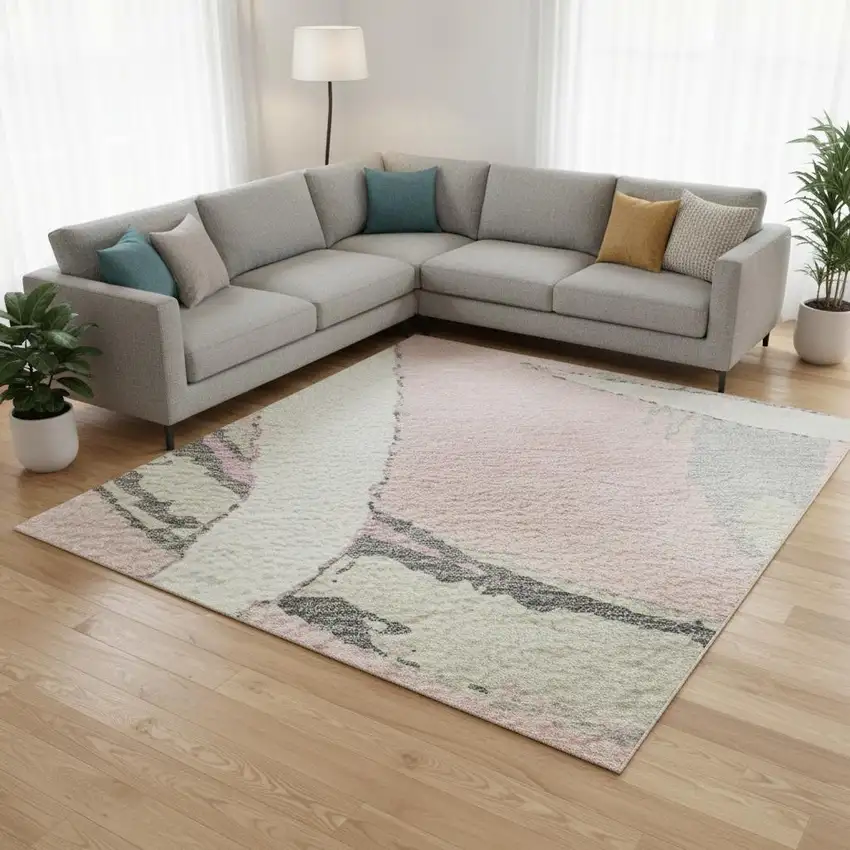 Pink Ivory And Gray Abstract Washable Area Rug With UV Protection Photo 2