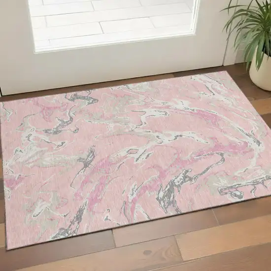 Pink Ivory And Gray Abstract Washable Area Rug With UV Protection Photo 1
